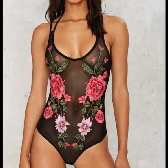 Missguided Tops - Black Mesh Floral Embroidered Bodysuit